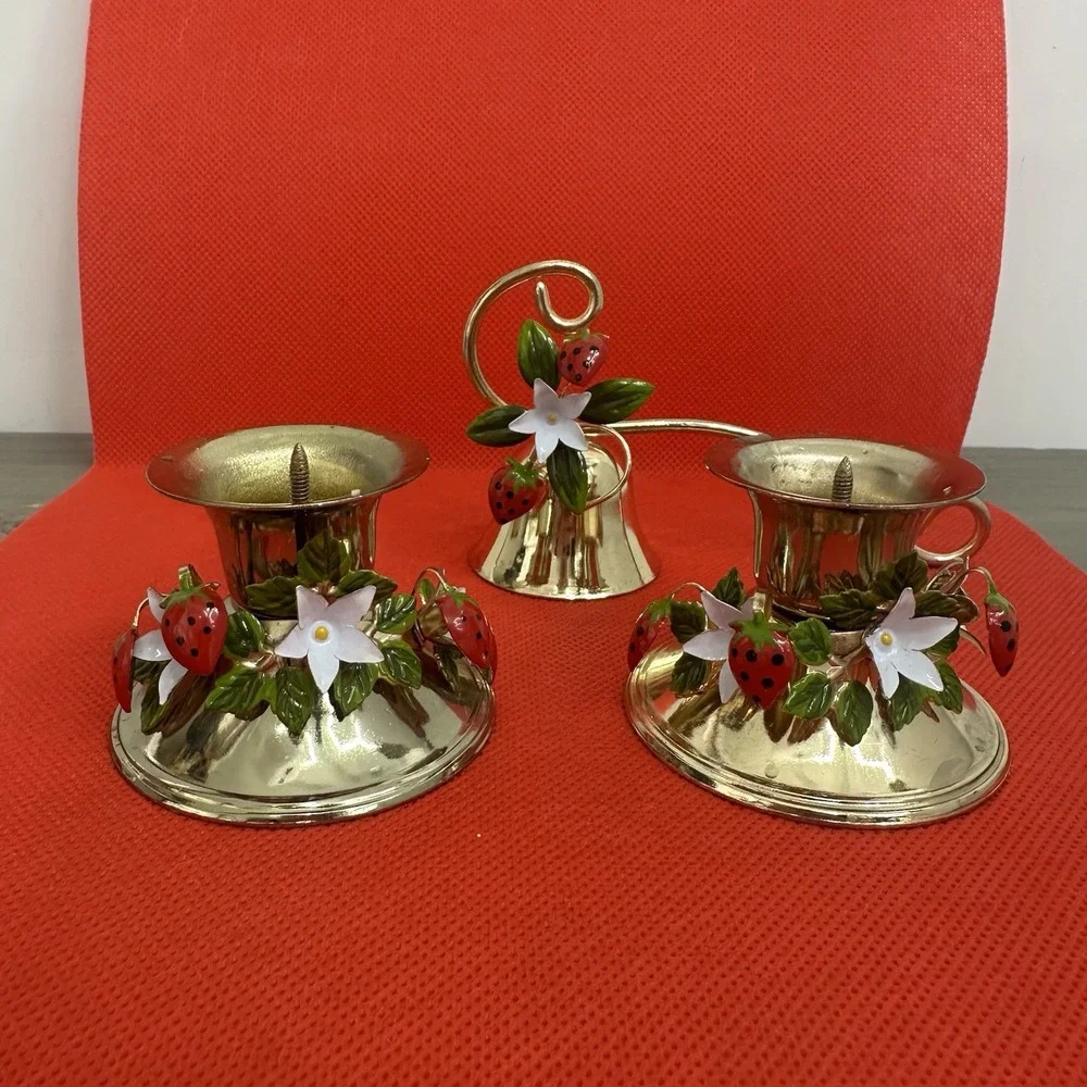 3 Piece Vintage George Good candle holders & snuffer Strawberry Enamel Gold Tone